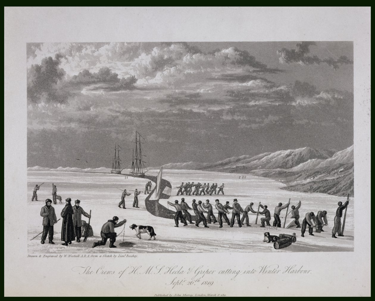 HMS Hecla und Griper का क्रू विंटर हार्बर में काट रहा है, 26 सितंबर 1819, &39;जर्नल ऑफ़ अ वॉयज फॉर द डिस्कवरी ऑफ़ ए नॉर्थ वेस्ट पैसेज ऑफ़ द अटलांटिक से पेसिफिक टू में प्रदर्शन द्वारा विलियम वेस्टाल
