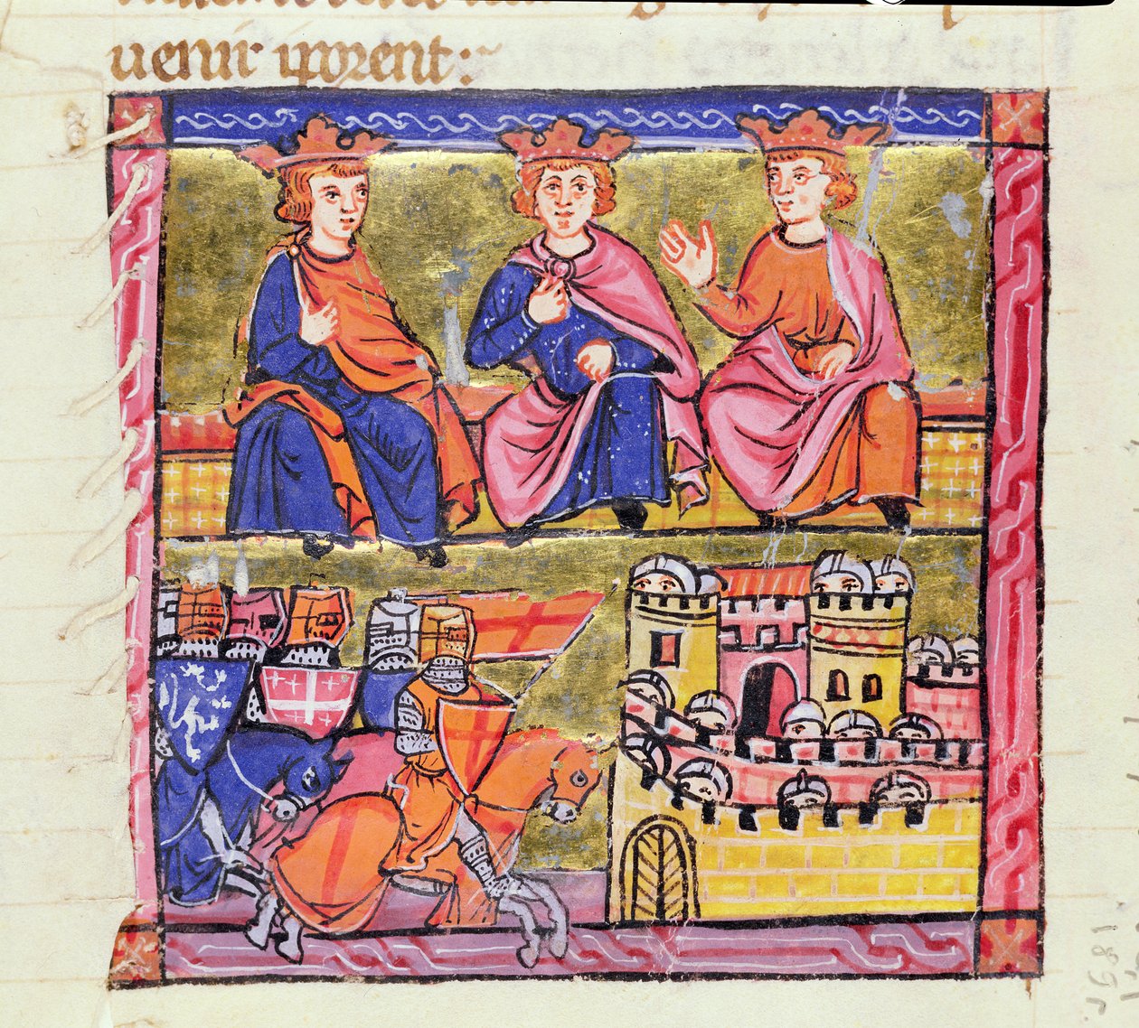 सुश्री 828 f.189r एकर की परिषद और दमिश्क की घेराबंदी, दूसरा धर्मयुद्ध, &39;हिस्टॉयर डी&39;ओटर-मेर&39; से, विलियम ऑफ टायर, एकड़, c.1280 द्वारा लिखित द्वारा टायर के विलियम