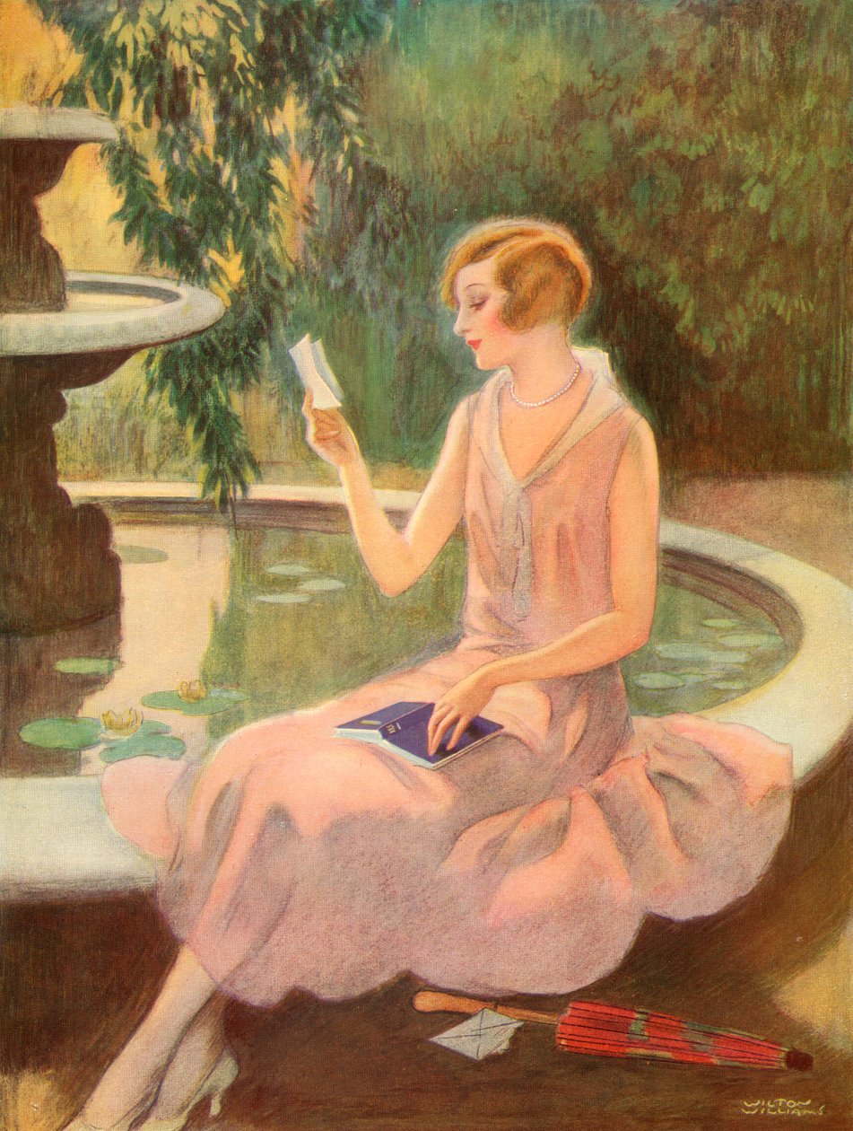 फव्वारा द्वारा प्रेम पत्र पढ़ती युवती, c.1925 (स्क्रीनप्रिंट) द्वारा विल्टन विलियम्स