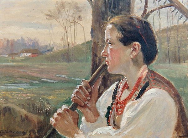 रेक वाली लड़की, c.1914 (बोर्ड पर तेल) द्वारा विन्सेंटी वोडज़िनॉस्की