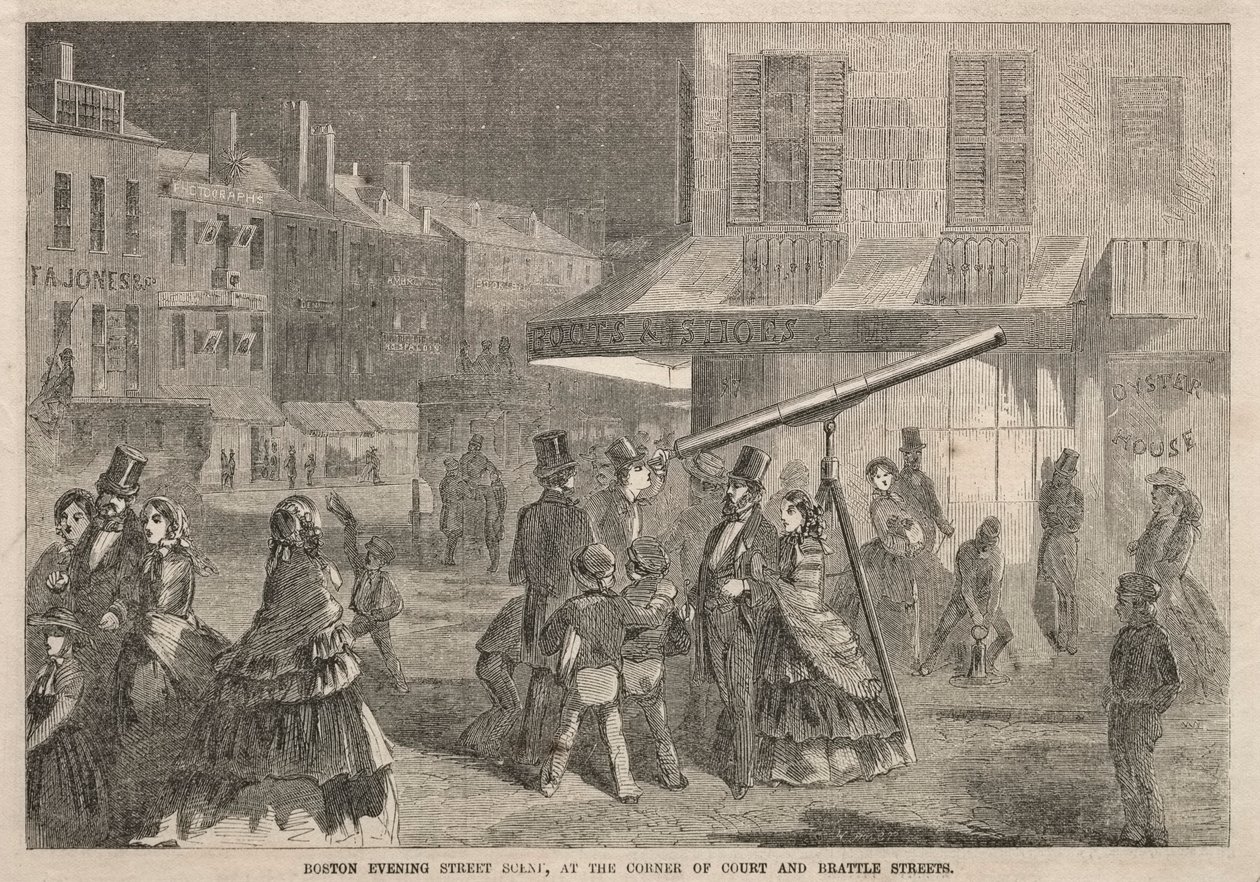बोस्टन इवनिंग स्ट्रीट सीन, कॉर्नर ऑफ़ कोर्ट और ब्रैटल स्ट्रीट्स, 1857 में। द्वारा विंसलो होमर