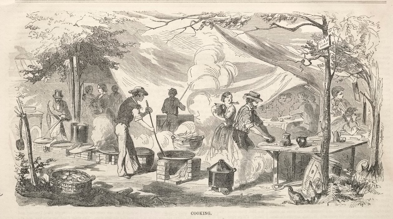 कैंप मीटिंग स्केचेस: कुकिंग, 1858। द्वारा विंसलो होमर