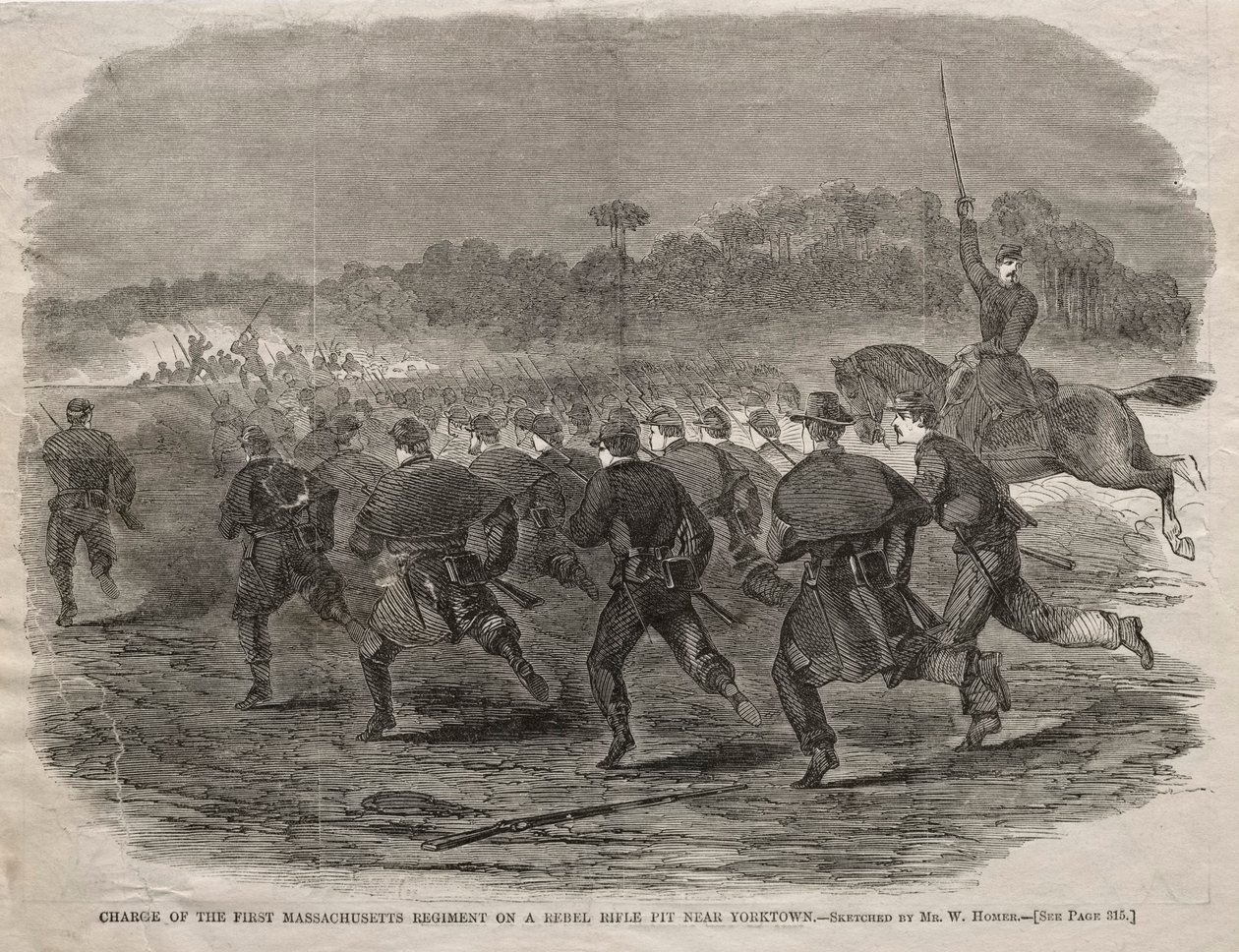 1862 में यॉर्कटाउन के पास एक विद्रोही राइफल पिट पर पहली मैसाचुसेट्स रेजिमेंट का प्रभार। द्वारा विंसलो होमर