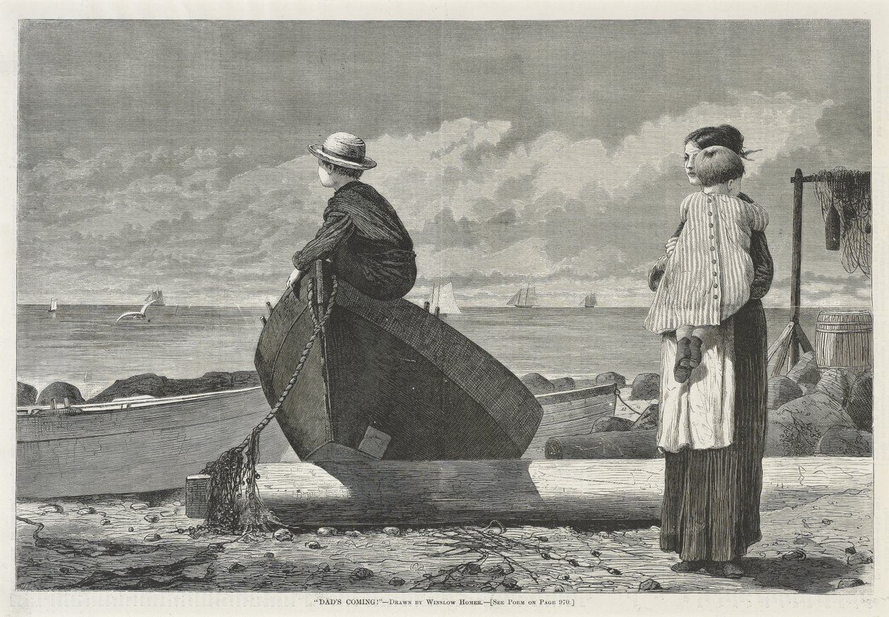 डैड्स कमिंग !, 1 नवंबर, 1873 (अखबारी कागज पर नक्काशी) द्वारा विंसलो होमर