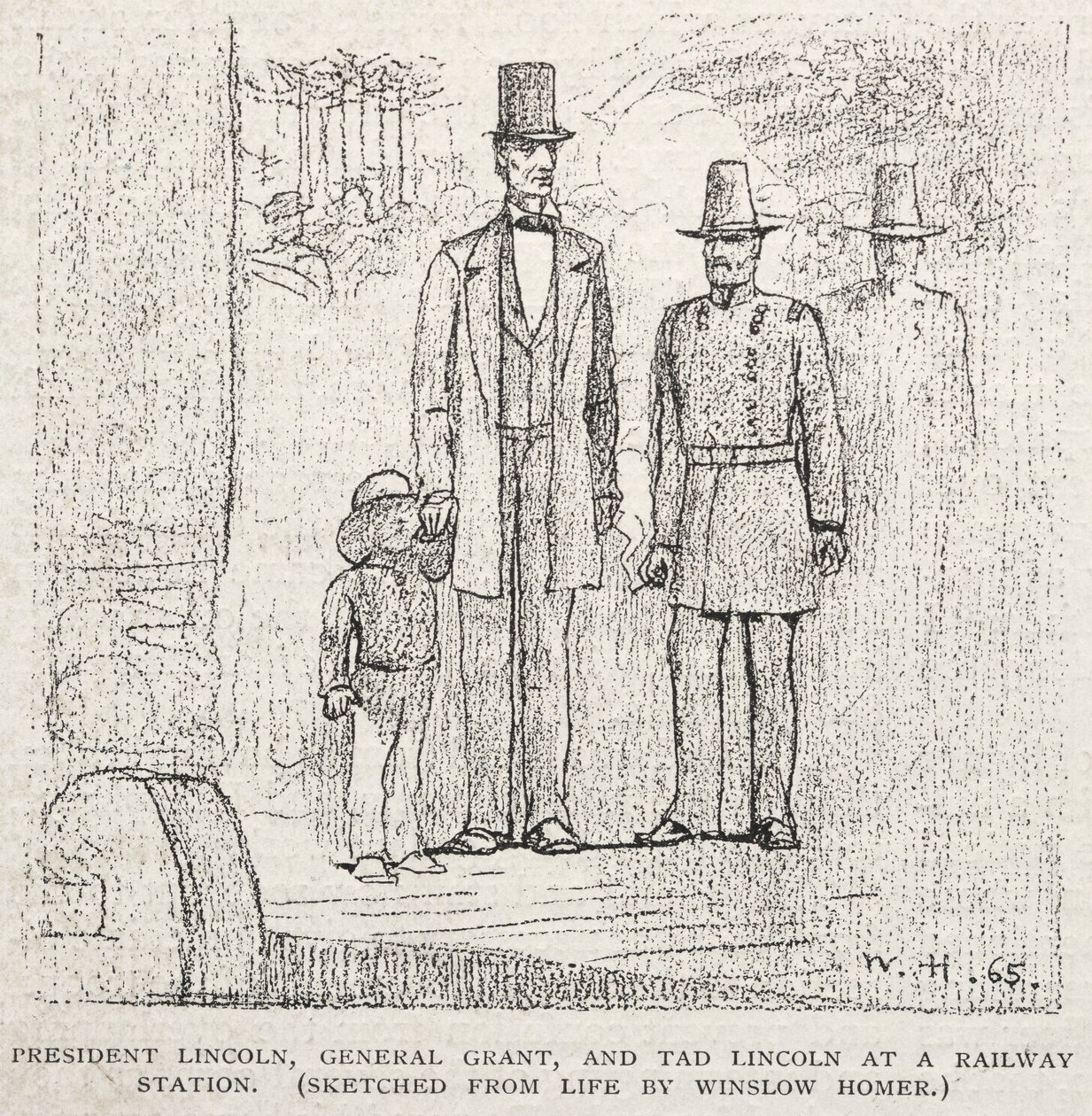 1887 में एक रेलवे स्टेशन पर राष्ट्रपति लिंकन, जनरल ग्रांट और टाड लिंकन। द्वारा विंसलो होमर