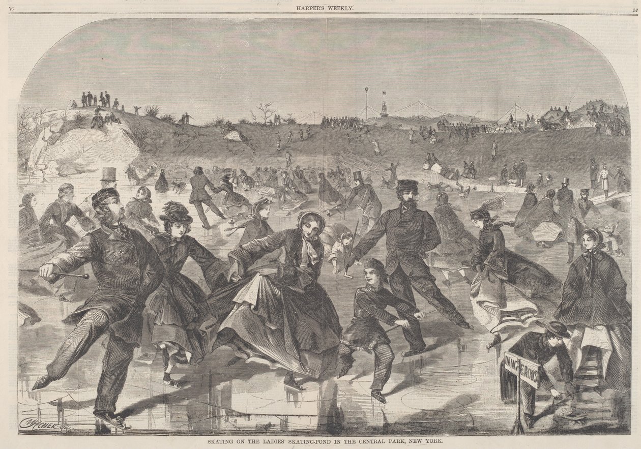 न्यू यॉर्क के सेंट्रल पार्क में महिलाओं के स्केटिंग-पॉन्ड पर स्केटिंग, 1860 में प्रकाशित हुआ। द्वारा विंसलो होमर
