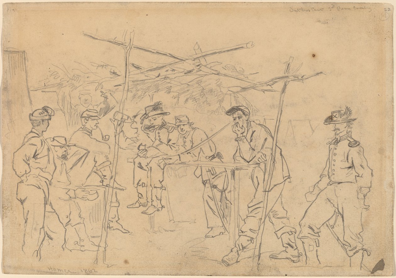 सटलर्स टेंट, तीसरा पेंसिल्वेनिया कैवेलरी [रेक्टो], 1862। द्वारा विंसलो होमर