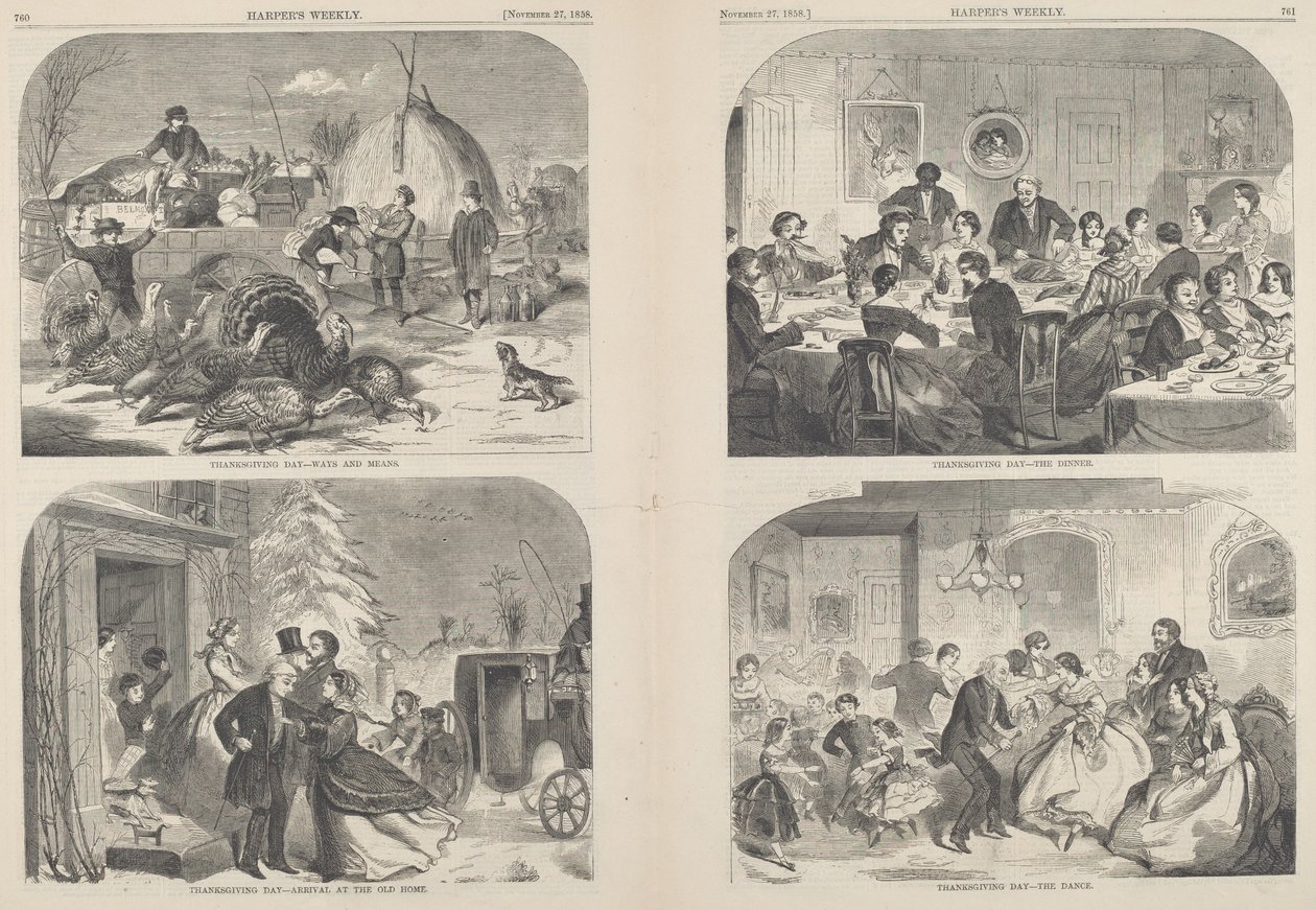 थैंक्सगिविंग डे - वेज़ एंड मीन्स [ऊपरी बाएँ], 1858 में प्रकाशित हुआ। द्वारा विंसलो होमर