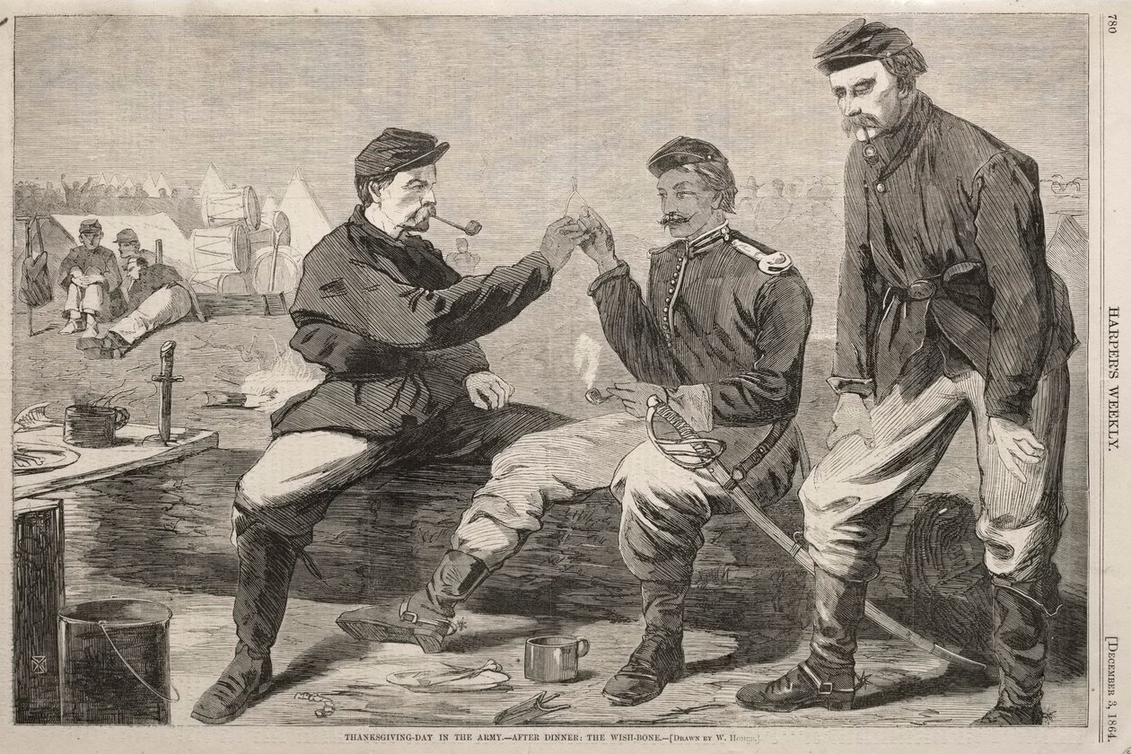 सेना में धन्यवाद दिवस - डिनर के बाद: विश-बोन, 1864। द्वारा विंसलो होमर