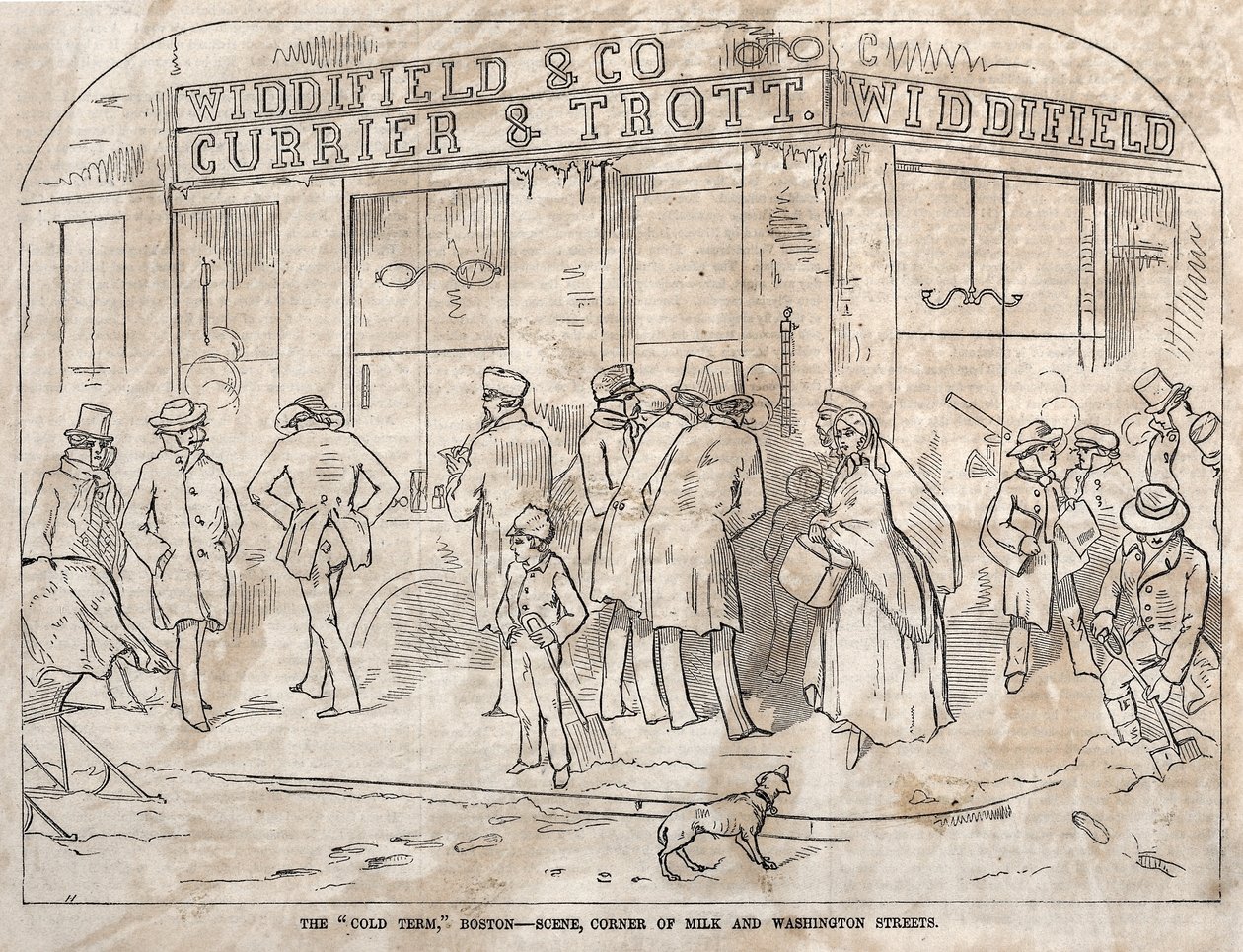 द कोल्ड टर्म, बोस्टन - सीन, कॉर्नर मिल्क और वाशिंगटन स्ट्रीट, 1858। द्वारा विंसलो होमर