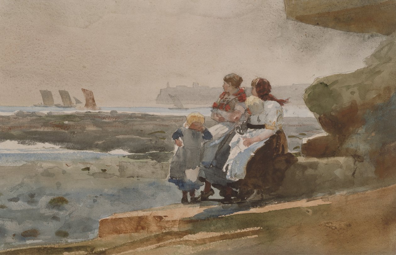 क्लिफ के तहत, Cullercoats, c.1881 (पानी के रंग और ग्रेव पेपर पर ग्रेफाइट) द्वारा विंसलो होमर