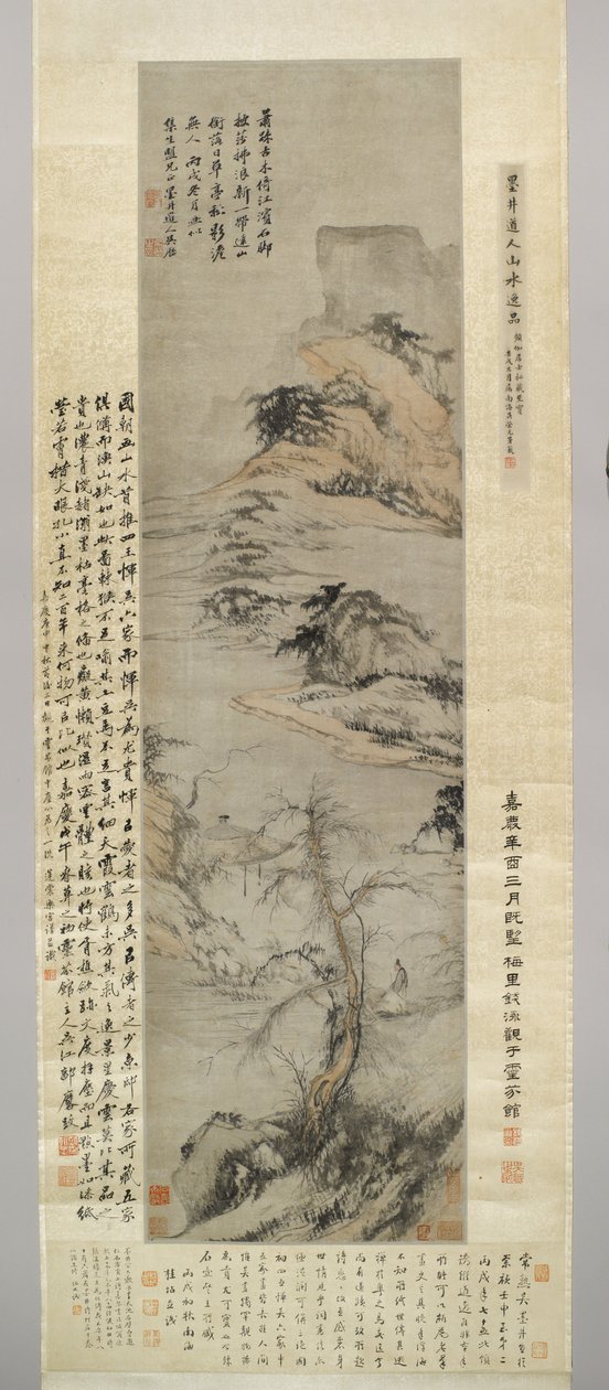 दूर के पर्वत के साथ स्ट्रीम द्वारा एक पुराना चलना, 1706 (कागज पर स्याही और रंग) द्वारा वू ली
