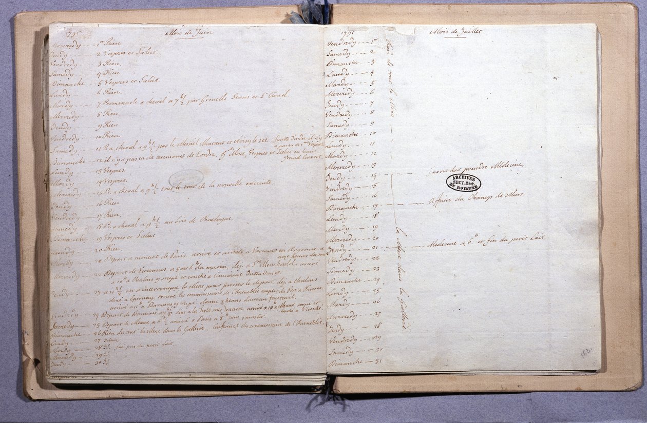 लुई सोलहवें का जर्नल। जून और जुलाई 1791 का महीना। नोटबुक 17X21 सेमी। अभिलेखागार राष्ट्रीय. पेरिस द्वारा XVI लुई
