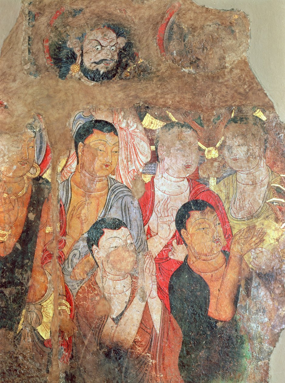 भिक्षुओं और बुद्ध का समूह, शिक्षा मठ, करशहर, 9 वीं -10 वीं शताब्दी (एक पेंटिंग का टुकड़ा) द्वारा Xingjiang