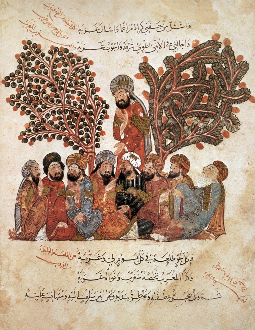 सुश्री अर 5847 f.51, अल-हरिथ अपने साथियों के साथ अल हरमीत द्वारा अल हरिरी से, c.1240 (वेल्लम पर गौचे) द्वारा याहया इब्न महमूद अल वासिती