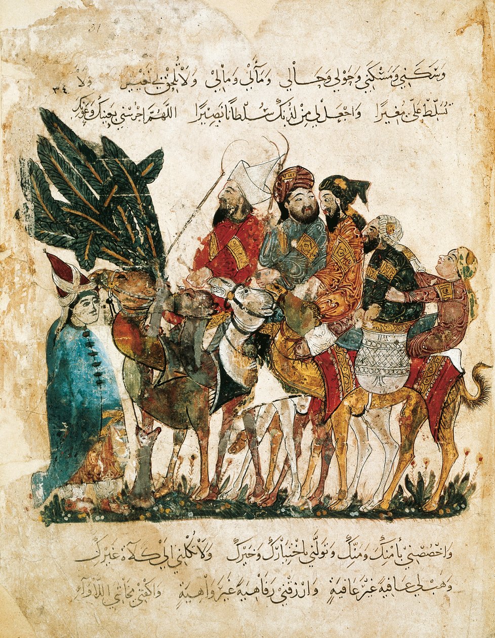 अरबी व्यापारियों का कारवां, अल-हरीरी द्वारा मक़ामत (द मीटिंग्स) से लघु, c.1240 (वेलम पर गौचे) द्वारा याहया इब्न महमूद अल वासिती