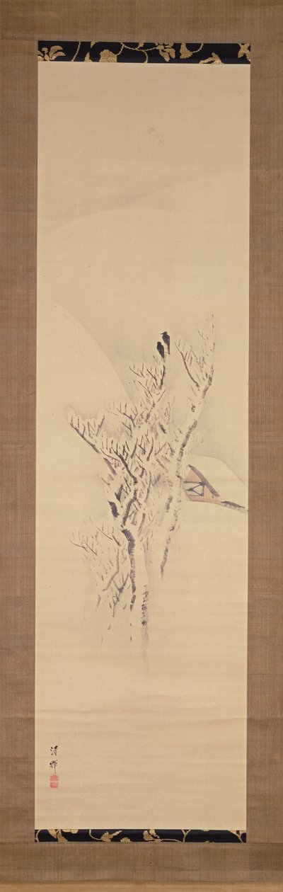 पेड़ में कौवे के साथ बर्फीला परिदृश्य, c.1820-50 (कागज पर स्याही और रंग) द्वारा योकोयामा सेकी