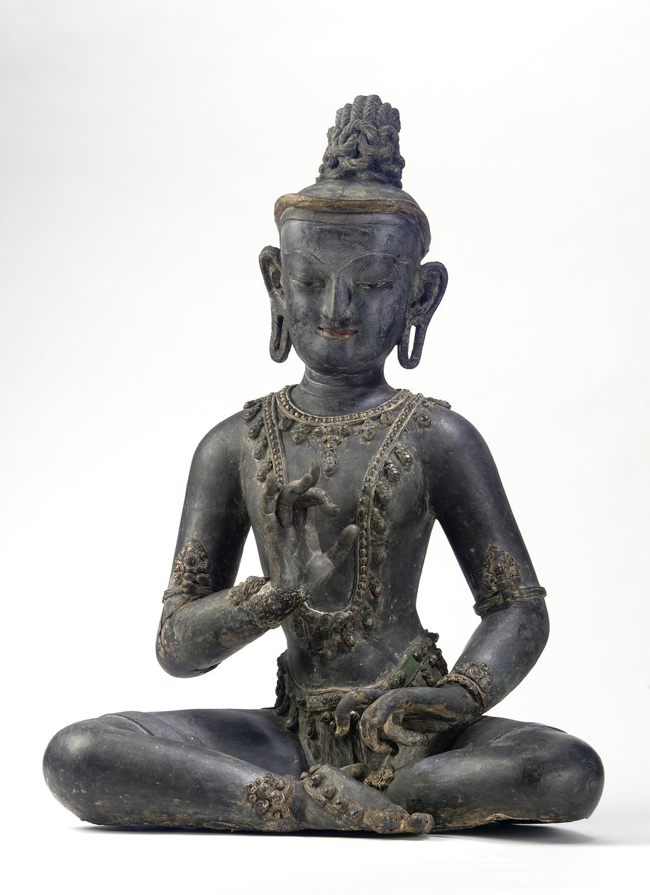 नेपाली-चीनी-शैली का बोधिसत्व (लाह, कपड़ा, नीले, सोने और हरे रंग के निशान और सोने की पत्ती) द्वारा युआन राजवंश चीनी स्कूल