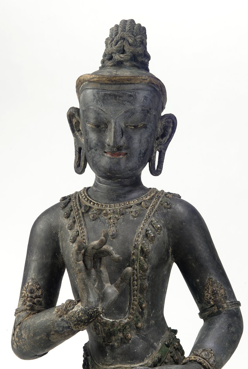 नेपाली-चीनी-शैली का बोधिसत्व (लाह, कपड़ा, नीले, सोने और हरे रंग के निशान और सोने की पत्ती) द्वारा युआन राजवंश चीनी स्कूल