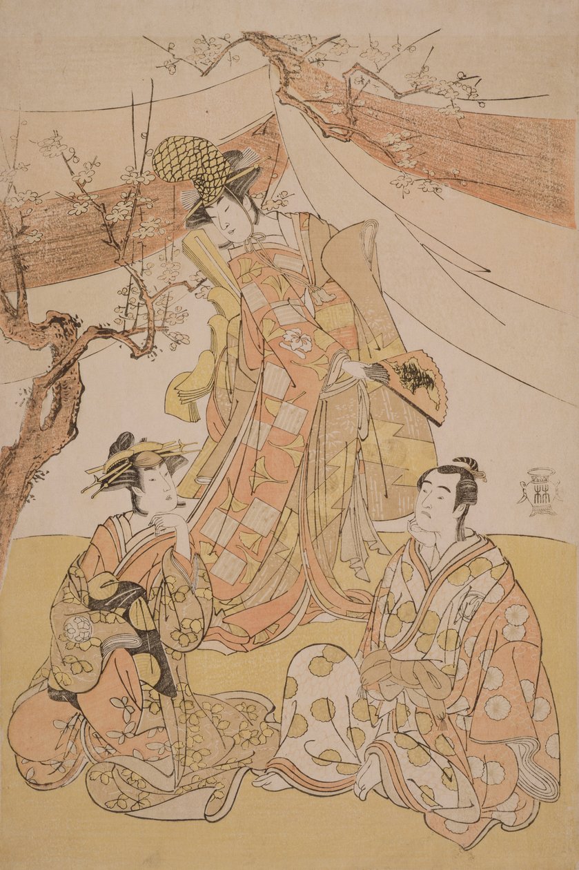 &39;स्नो-कवर्ड बांस: जेनजी इन लॉन्ग स्लीव्स&39; के सीन में तीन कलाकार, 1785 (वुडब्लॉक प्रिंट) द्वारा युसिडो शुंशु