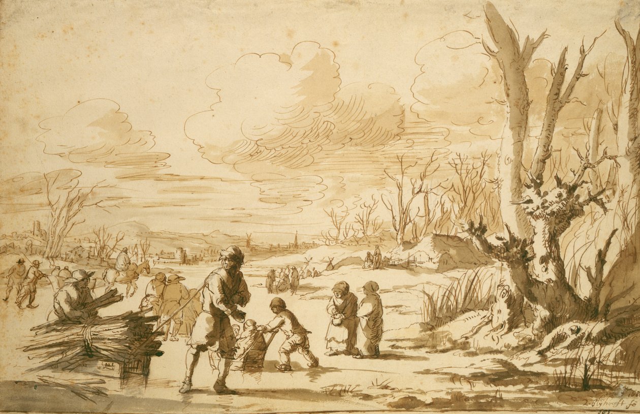 बर्फ का आनंद, 1680 (कागज पर कलम और पेंसिल) द्वारा ज़चरिआस बलोहोफ्ट