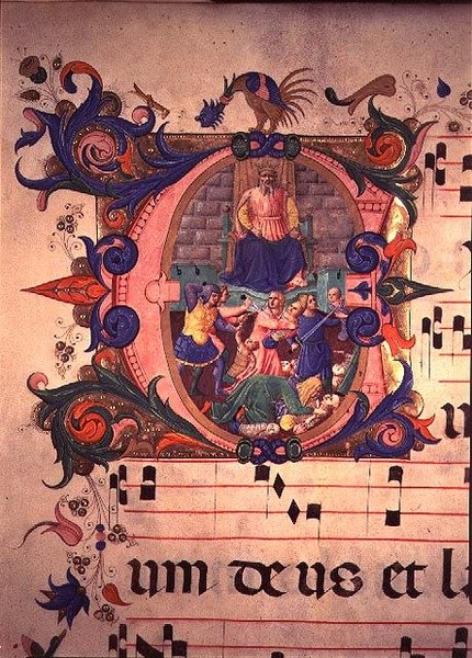 मिसल 515 f.13v 1449 से पहले अंजाम दी गई एक चॉयर बुक से मासूमों का नरसंहार, (विवरण के लिए देखें 88910-11) द्वारा बेनेडेट्टो स्ट्रोज़ी द्वारा ज़ानोबी
