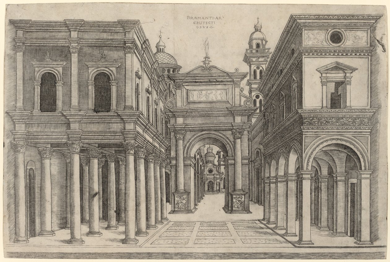विभिन्न इमारतों, कोलोनेड और एक आर्क के साथ एक सड़क, c. 15001510. द्वारा ज़ोआन एंड्रिया