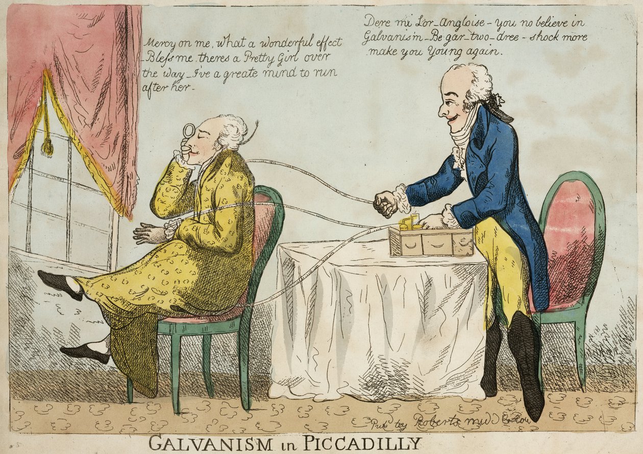 इलेक्ट्रोथेरेपी 'गैल्वनिज्म इन पिकाडिली', c 1800 द्वारा फ्रेडरिक (एटीआर) बरनार्ड