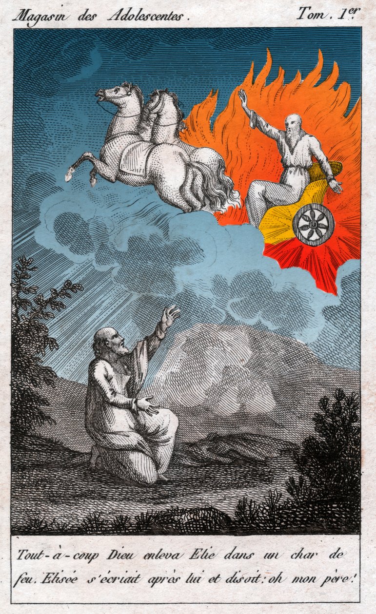 एलिय्याह आकाश की ओर उड़ता है, लगभग 1880 (उत्कीर्णन) द्वारा . .