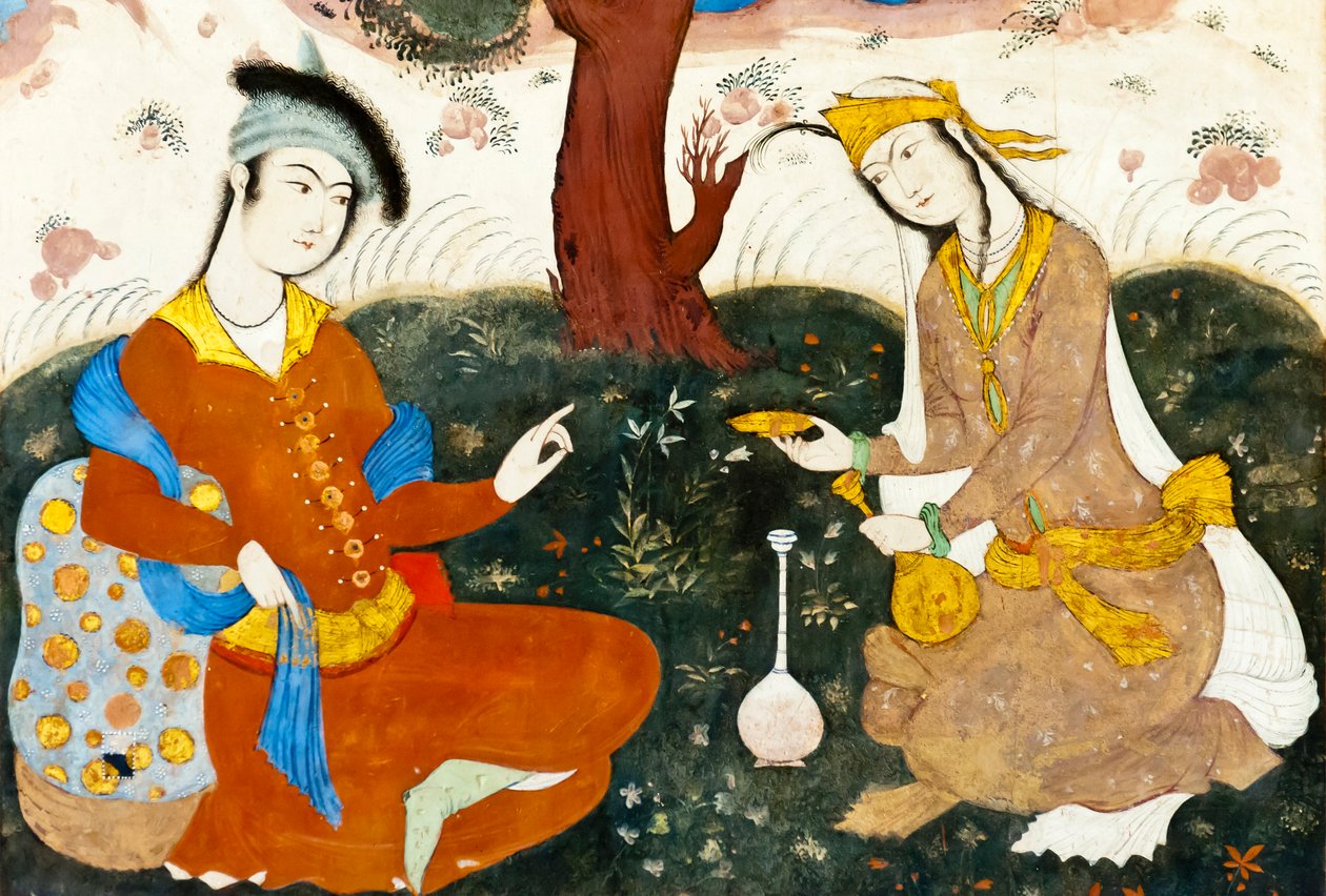 फ्रेस्को; दो प्रेमी; फारसी लघु; चेहल सोतौन; चालीस स्तंभ पैलेस; इस्फ़हान; ईरान; एशिया द्वारा फ्रेडरिक (एटीआर) बरनार्ड