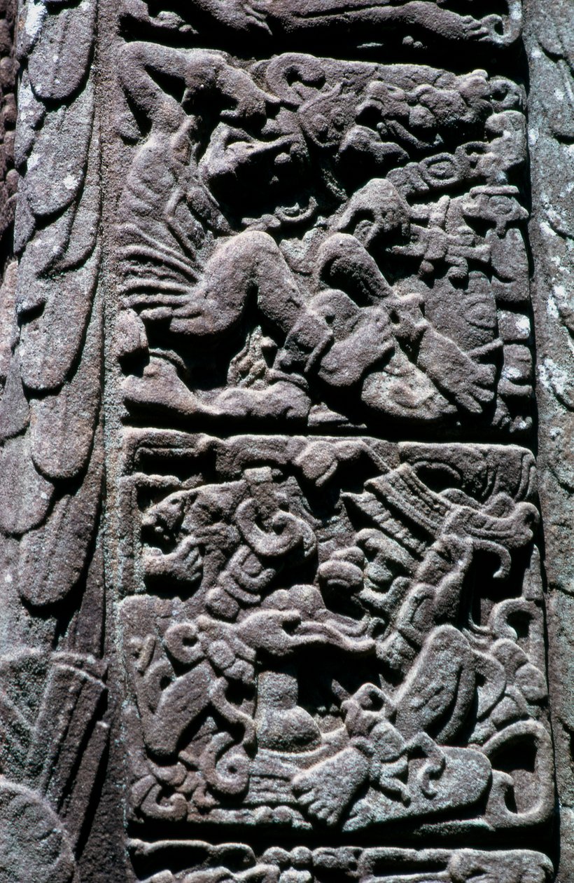 क्विरिगुआ, इज़ाबाल, ग्वाटेमाला में स्टेला डी पर चित्रलिपि, लेट क्लासिक अवधि, c.600-900 AD (फोटो) द्वारा जॉन एर्लेंडसन