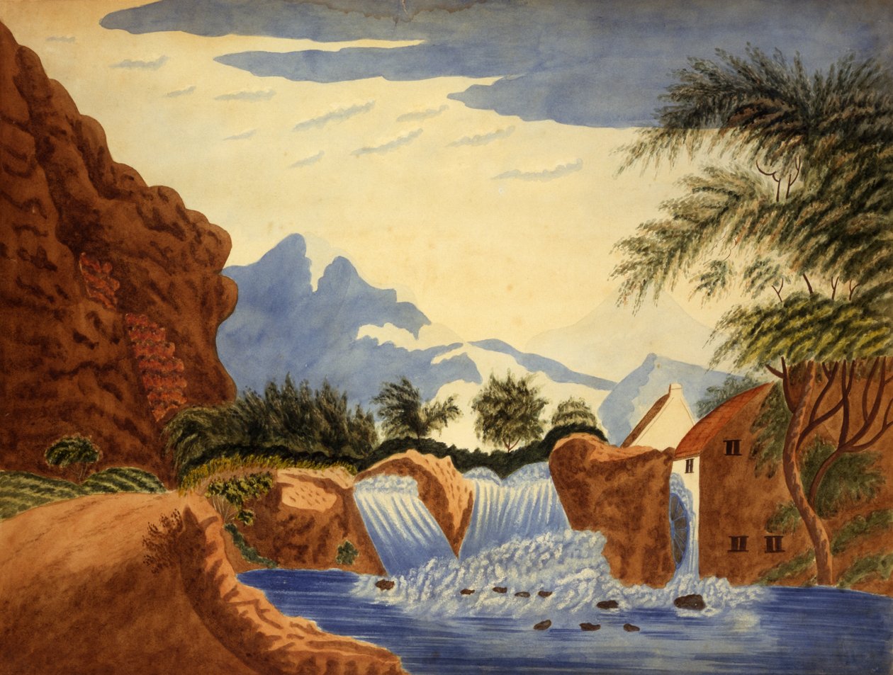 माउंटेन सीन और वाटरव्हील, c.1820-70 (कागज पर जल रंग) द्वारा . .