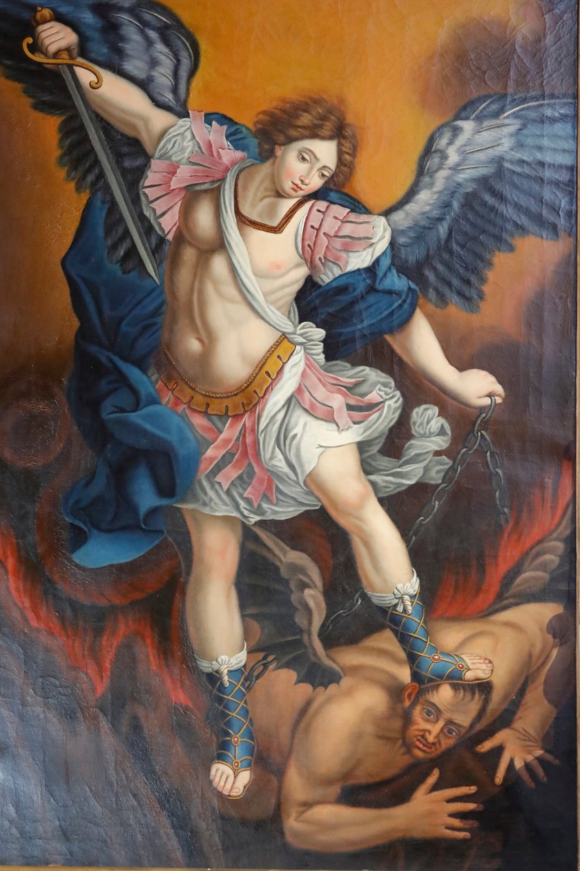 कॉर्डन चर्च की धारणा की हमारी महिला। महादूत शैतान को एक अजगर के रूप में मार रहा है। चित्रकारी। फ्रांस। फ्रांस। द्वारा . .