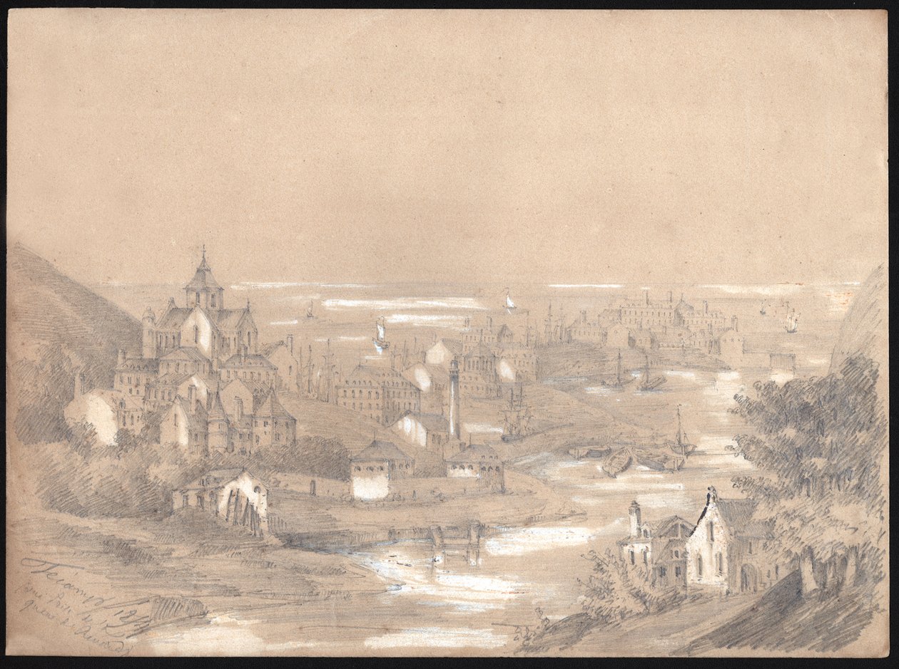 फ़ेकैंप शहर, नॉरमैंडी का पैनोरमा। 1841 (ड्राइंग) द्वारा . .