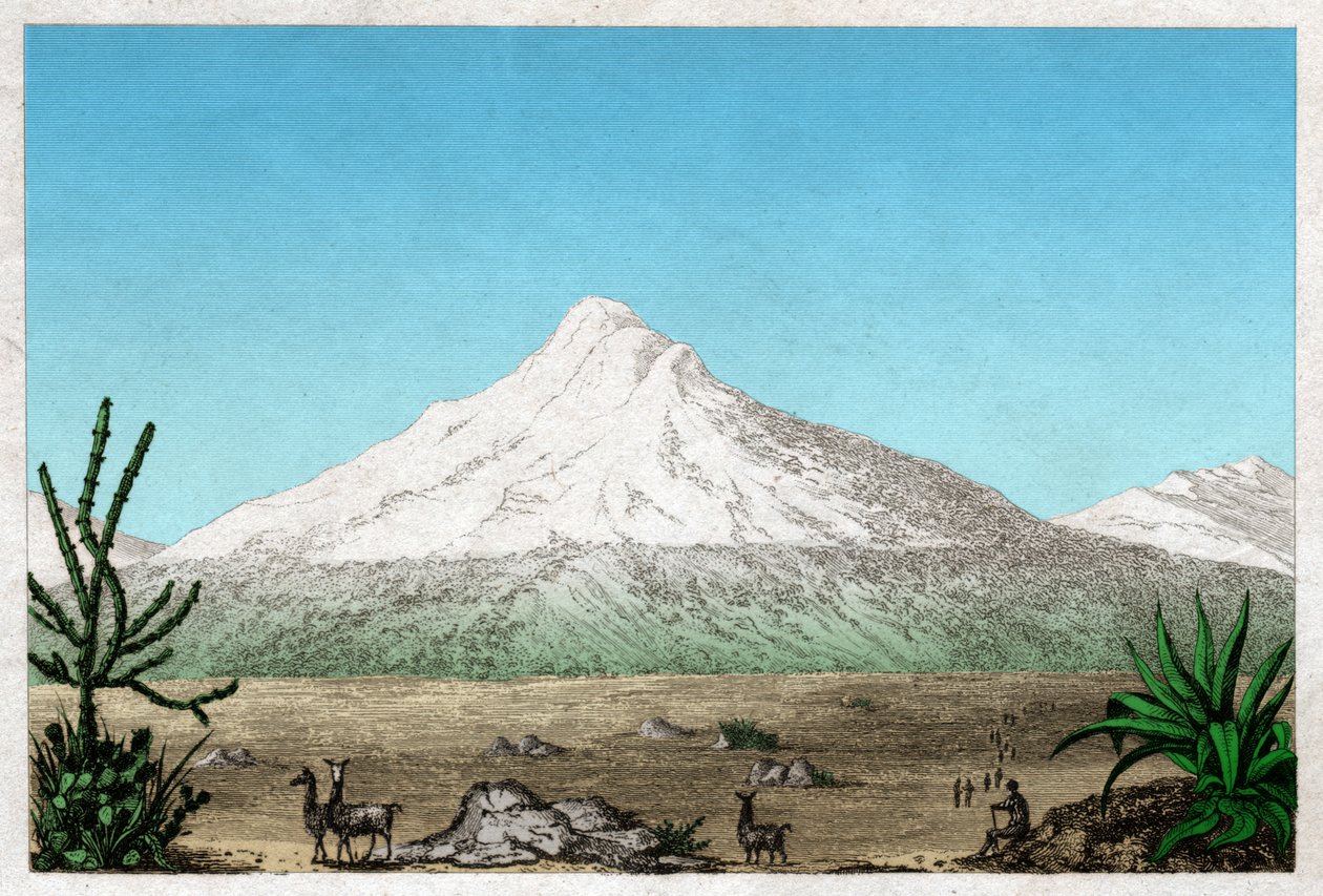 तापिया, इक्वाडोर के पठार से चिम्बोराजो ज्वालामुखी। लगभग 1840 (उत्कीर्णन) द्वारा . .