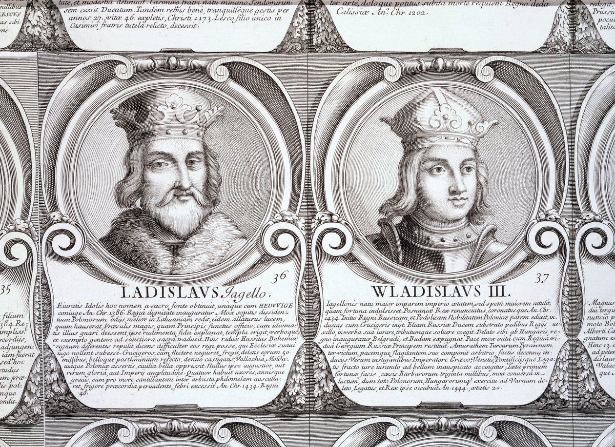 व्लादिस्लाव II जगियेलो, और व्लादिस्लाव III वार्नेंज़िक, नहीं। 36 और 37 'द क्रोनोलॉजिकल सीरीज़ ऑफ़ द ड्यूक्स एंड किंग्स ऑफ़ द पोल्स' (उत्कीर्णन) द्वारा . .