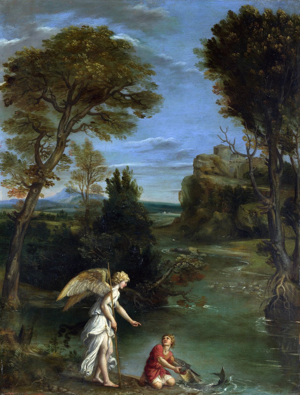 टोबियास के साथ लैंडस्केप मछली की पकड़ द्वारा Domenichino