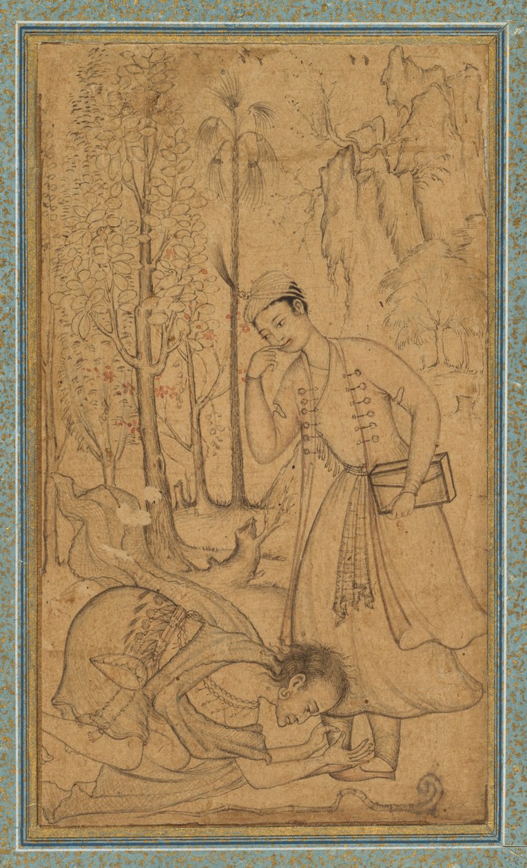 एक पवित्र आदमी एक सीखे हुए राजकुमार से पहले खुद को साबित करता है, सी। 1585, सीमा ने संभवतः 1700 जोड़े। द्वारा मनोहर