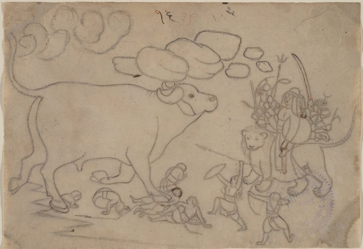Durga Confronts the Buffalo Demon Mahisha: Scene from the Devi Mahatmya, ca. 1780.  द्वारा नैनसुख के बाद पहली पीढ़ी के गुरु