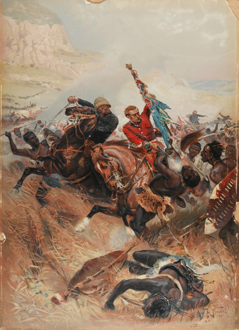 लेफ्टिनेंट मेलविले और कॉघिल द सेविंग द कलर्स, 1879 का ज़ुलु युद्ध, 1881 (क्रोमोलिथो) द्वारा अल्फोंस मैरी डी न्युविले के बाद