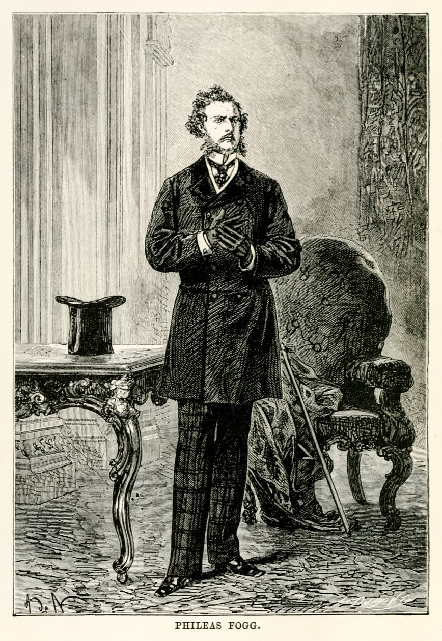 लुईस ड्यूमोंट (b.1822) 1873 द्वारा उत्कीर्ण, जूल्स वर्ने (1828-1905) द्वारा फिलिस फॉग, अस्सी के दिनों में दुनिया भर से द्वारा अल्फोंस मैरी डी न्युविले के बाद