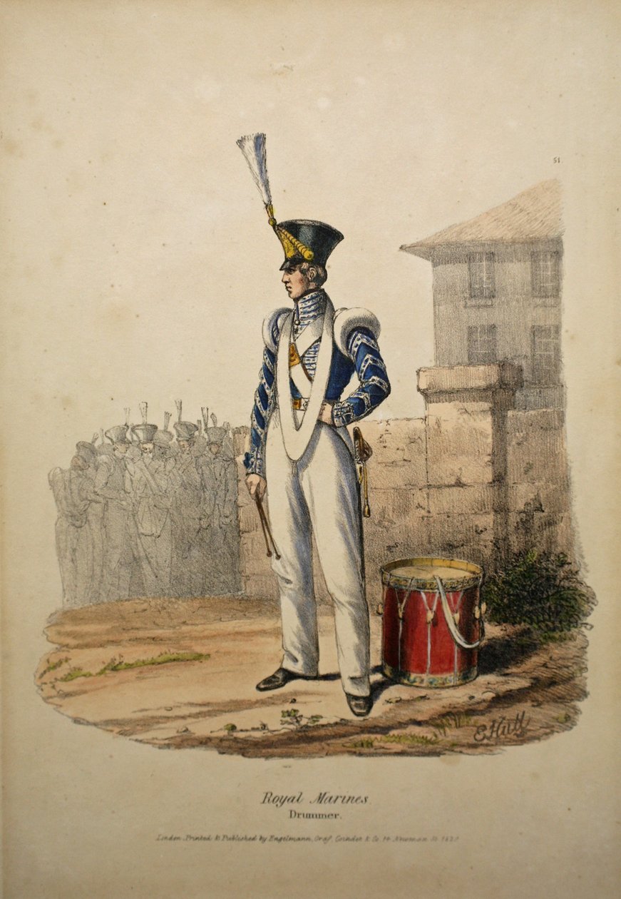 रॉयल मरीन ड्रमर, c.1829 (हाथ से बने लिथो) द्वारा एडवर्ड हल के बाद