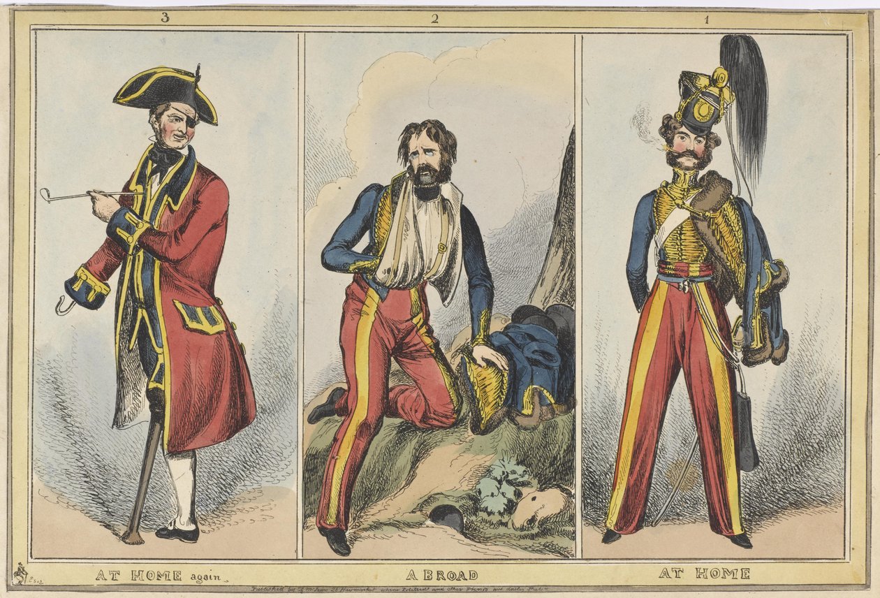 &39;1। घर पर 2. विदेश में 3. घर में फिर से &39;, c.1830 (रंगीन नक्काशी) द्वारा विलियम हीथ के बाद