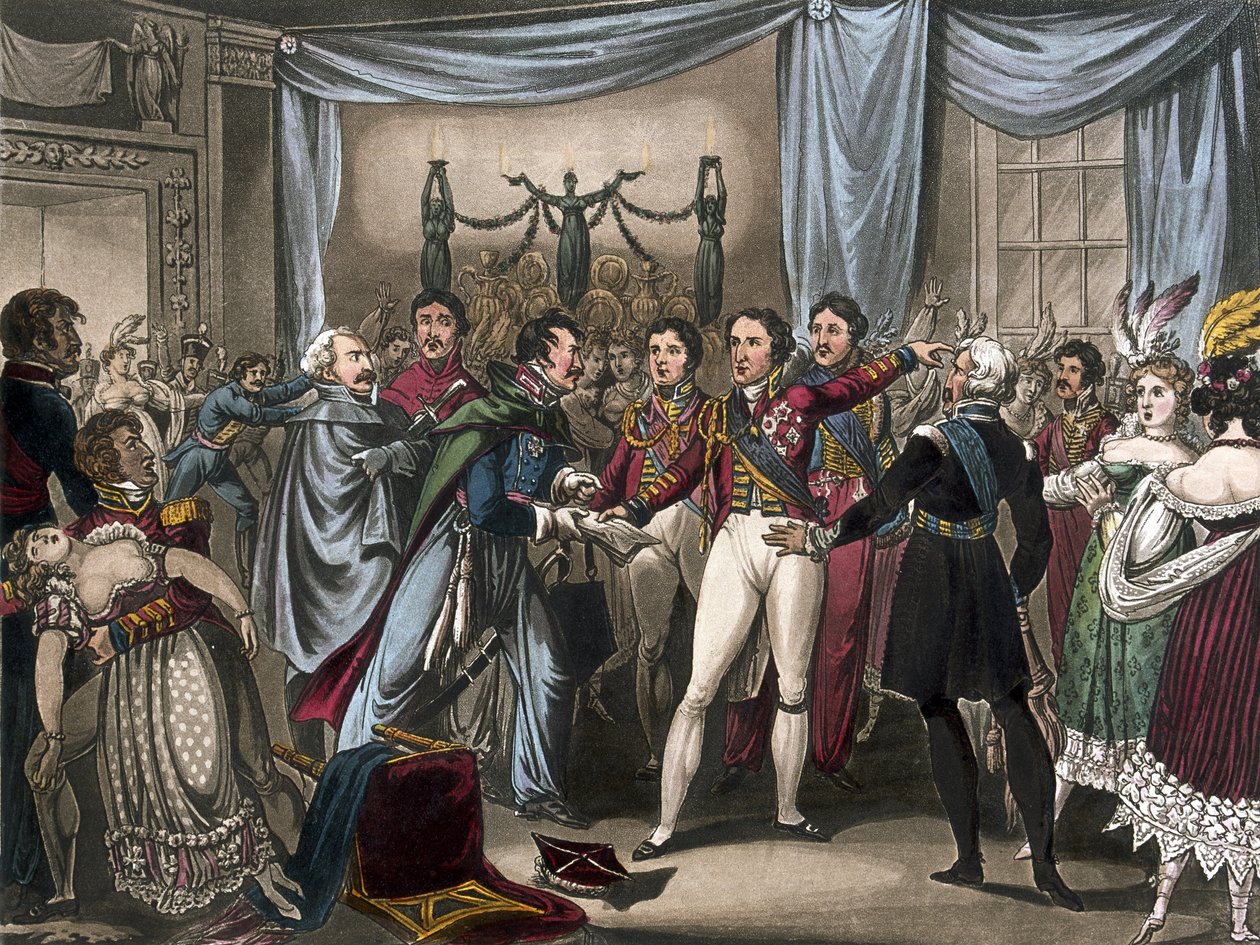 Ligny की लड़ाई की खुफिया, 1818 (रंगीन एक्वाटिंट द्वारा विलियम हीथ के बाद