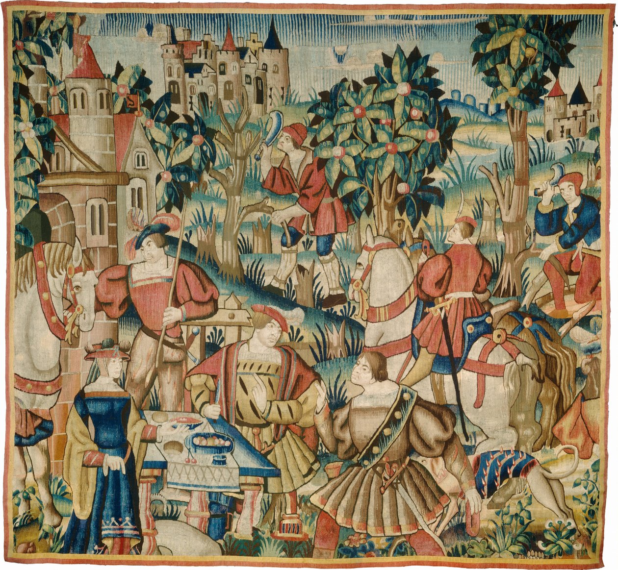 शिकार से वापसी द्वारा डिजाइन और कार्टून फ्लेमिश 16वीं शताब्दी, शायद टूर्नेई; एक अनिर्धारित कार्यशाला में टुर्नाई में बुना गया
