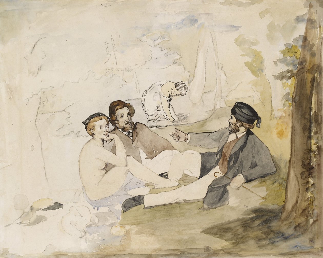 &39;डेगुनर सुर ल&39;हेर्बे&39; के लिए अध्ययन, c.1863 (कलम, पेंसिल और कागज पर wc) द्वारा एडोर्ड मैनेट