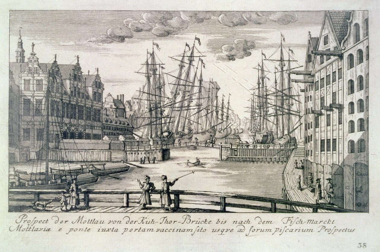 मैथियस डिश (1724-89) 1761-65 (नक़्क़ाशी) द्वारा उकेरी गई 'फिफ्टी व्यूज़ ऑफ़ ग्दान्स्क' से एक क्रो ब्रिज से मोल्टावा का दृश्य द्वारा या लोर्मन फ्रेडरिक एंटोन (बाद में) लोहरमन