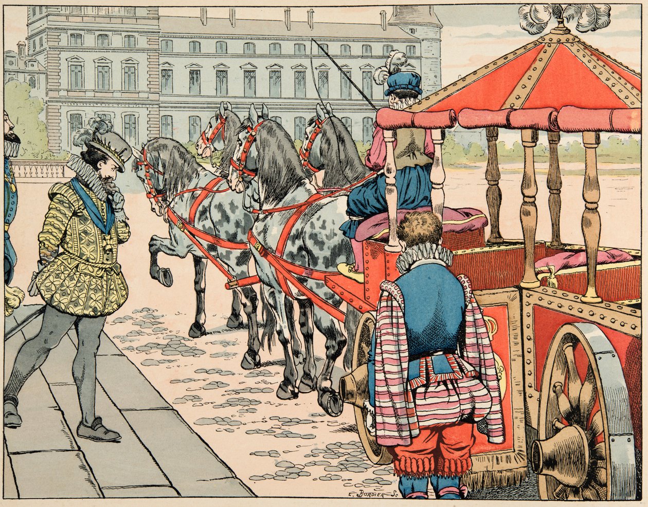 जैक्स मैरी गैस्टन ओनफ्रे डी ब्रेविल डिट जॉब (1858-1931) द्वारा सचित्र पुस्तक "ले बॉन रॉय हेनरी" से लिया गया चित्रण: 14 मई 1610 को, हेनरी चतुर्थ ने अपनी खुली गाड़ी में सवारी करने के लिए स्वीकार किया - निजी संग्रह द्वारा Onfray de Breville जाक जॉब के लिए छद्म नाम