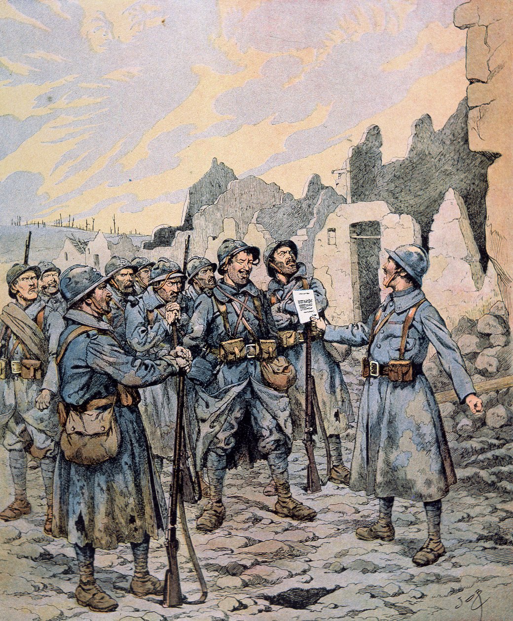 पश्चिमी मोर्चे पर फ्रांसीसी सेना में विद्रोह, अप्रैल-मई 1917 (कलर लिथो) द्वारा Onfray de Breville जाक जॉब के लिए छद्म नाम