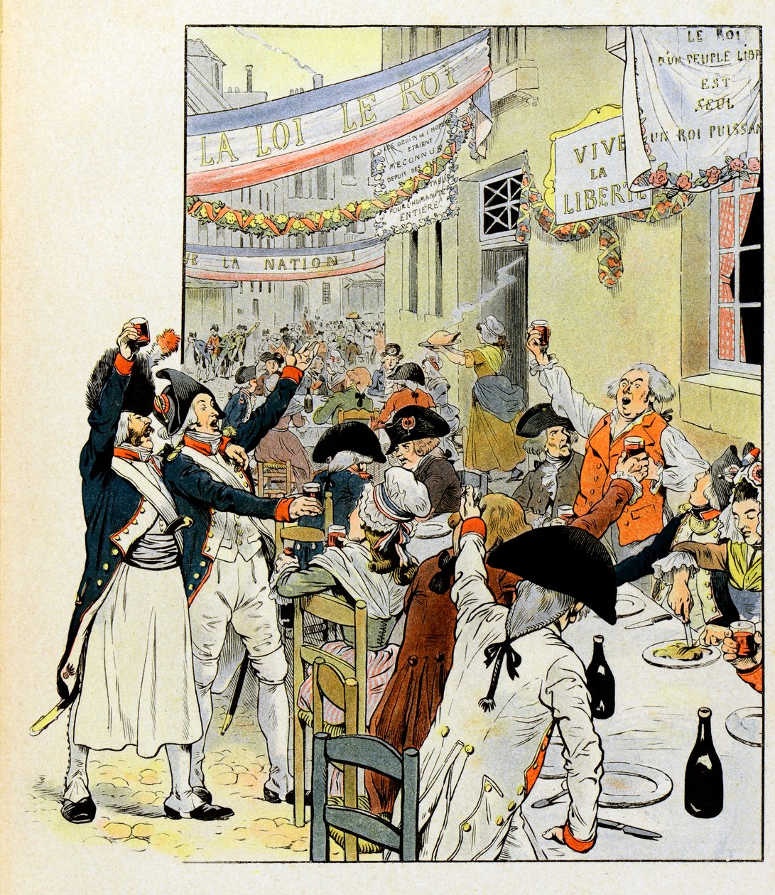 बैस्टिल पर कब्जा करने के बाद क्रांतिकारी भोज - जॉब द्वारा चित्रण (जैक्स मैरी गैस्टन ओनफ्रे और ब्रेविल) (जैक्स-मैरी) (1858-1931) पुस्तक "ला टूर डी औवेर्गने, प्रीमियर ग्रेनेडियर डी फ्रांस" "1902 - संग्रह प्रिवी के लिए द्वारा Onfray de Breville जाक जॉब के लिए छद्म नाम